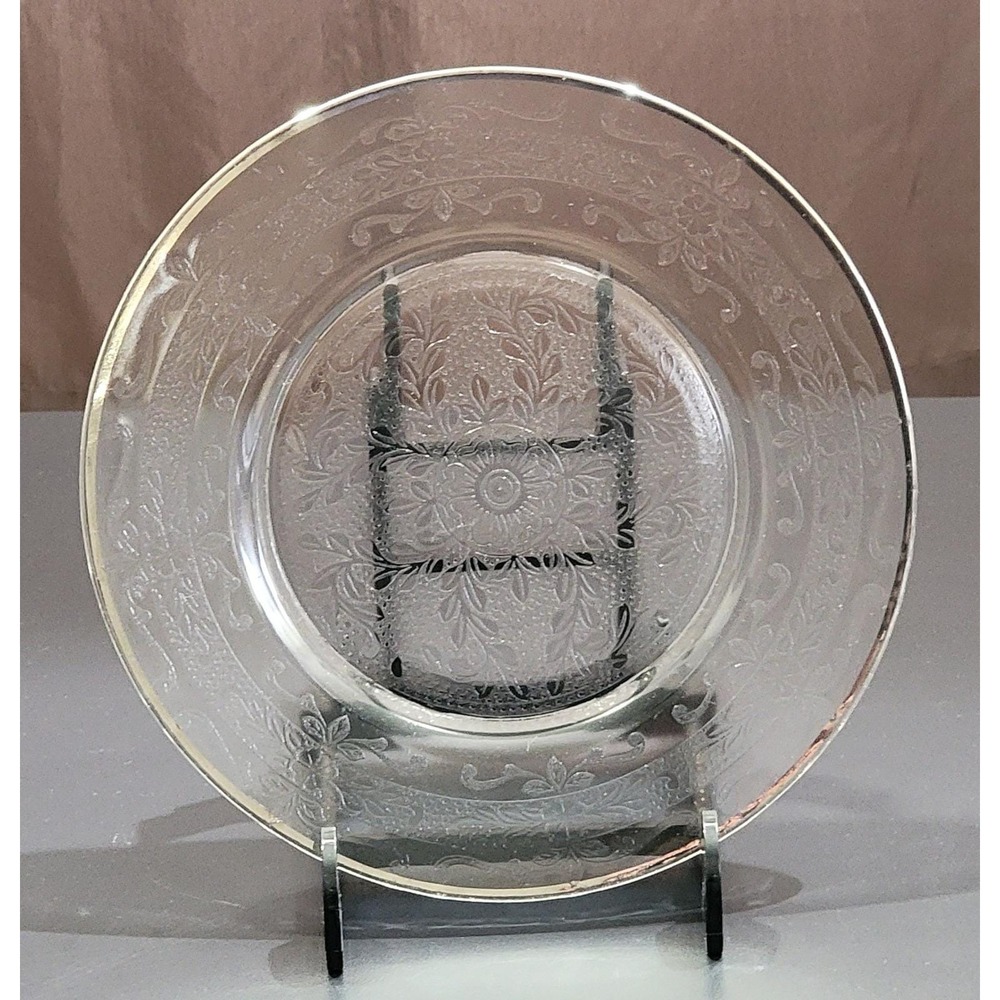 Vintage Macbeth-Evans Stippled Rose Band Depression Glass Plate Silver Rim-8in